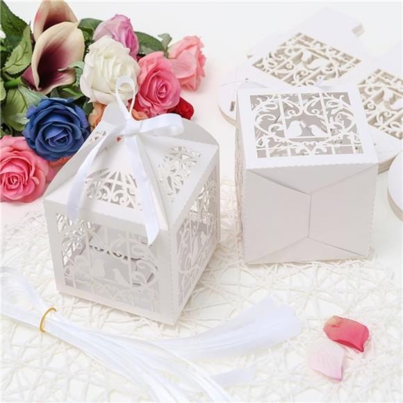 25Pcs/Lot 4x4 inches Laser Cut Pearl Paper Party Wedding Favor Ribbon Candy Box - Picture 4 of 6